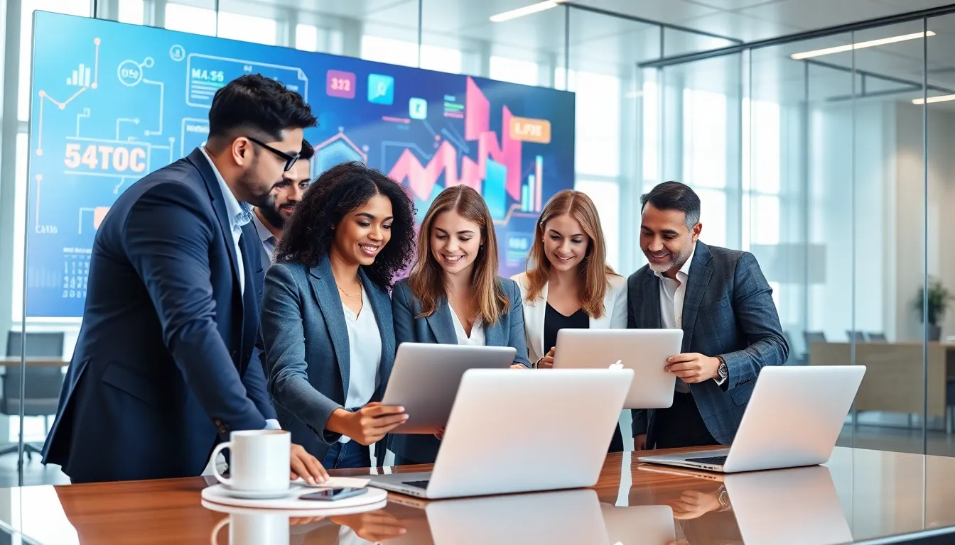 diverse team collaborating in a modern office on technology solutions.